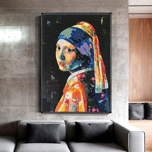 Girl with A Pearl Earring Parody Canvas Painting Abstract Watercolour Graffiti Prints and Poster Wall Art Picture for Home Decor