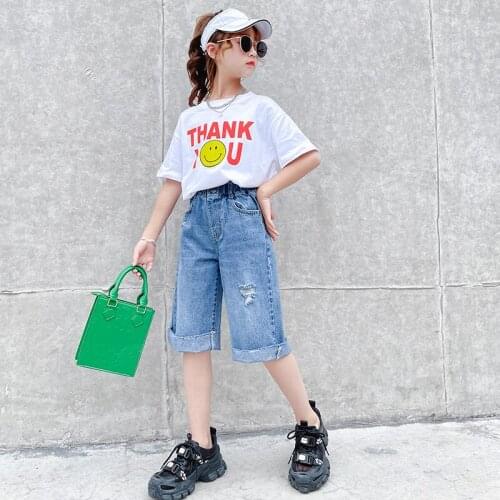 Baby girls clothes Summer Sets for Letter white T-shirt Holes Shorts Jeans Suits Denim Middle pants Outfits Childrens Clothing