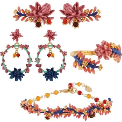 European and American New Products Temperament Desert Cactus Enamel Color Glaze Pink Flower Stud Earrings Bracelet Ring Set