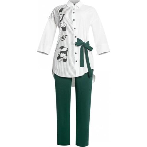 2 Piece Set Women Slim Solid Pants And 3/4 Sleeve Stand Collar Split Top 2020 Fashion Print Irregular Office Lady Suit Outfits