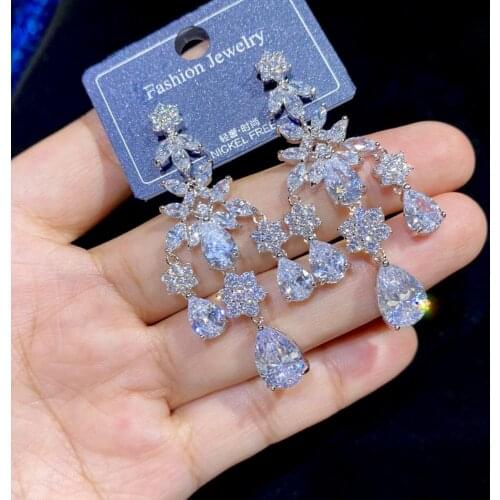 Exaggerated Water Drop Pendant Earrings Fashion Cubic Zircon Crystal CZ Earrings Womens African Bridal Earrings A0880