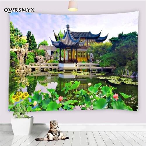 Chinese Garden Courtyard Setting Tapestry Wall Hanging Pavilion Pond Mountain Living Room Bedroom Decor Wall Art Tapestries
