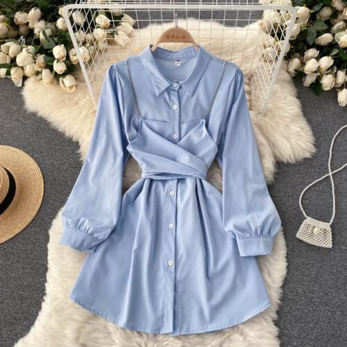 Autumn 2021 New Fashion Simple Vestidos Female Lapel Puff Sleeve Fake Two-piece Shirt Dress Mini Dress DF769