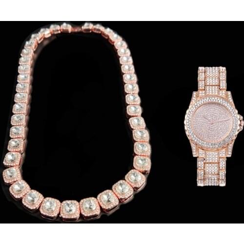 2pcs Kit Prong 12.5MM Micro Pave Cubic Zircon Alloy Hip Hop Tennis Chain Necklace +Watch+Bracelet For Men Women Jewelry