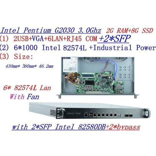 Industrial software routing 1U Server with 8 ports Gigabit lan Intel Pentium G2030 3.0Ghz 2G RAM 8G SSD Mikrotik PFSense ROS etc