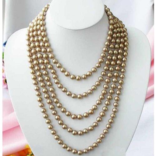 Unique Pearls jewellery Store Long 100'' 8MM Champagne South Sea Shell Pearl Necklace Fine Pearl Jewelry Perfect Women Gift