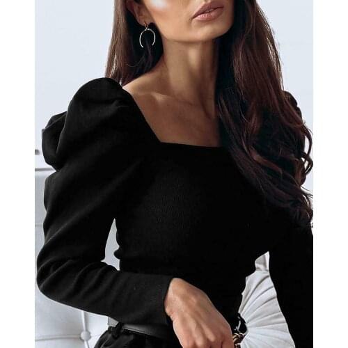 Spring Women Casual Solid Knitwear Crochet Puff Long Sleeve shirt Knitted Tops Sweater Female Slim Fit Pullover Jumper S-XL