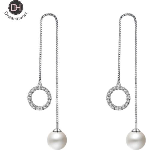 Dreamhonor Fashion Female Long Ear Line 925 Silver Earrings Geometric Round Pearl Earrings Jewelry