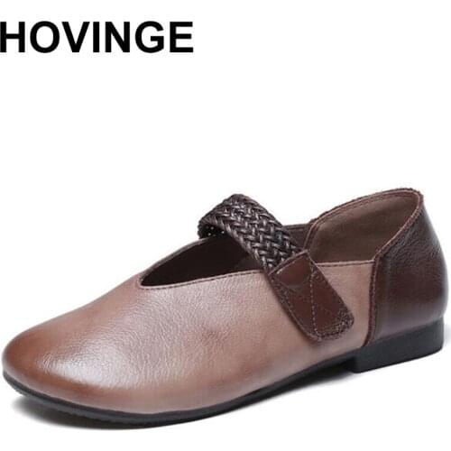 HOVINGE Fashion Retro Shallow Mouth Genuine Leather Flats Single Shoes Woman New Mary Jane Womens Shoes zapatos de mujer