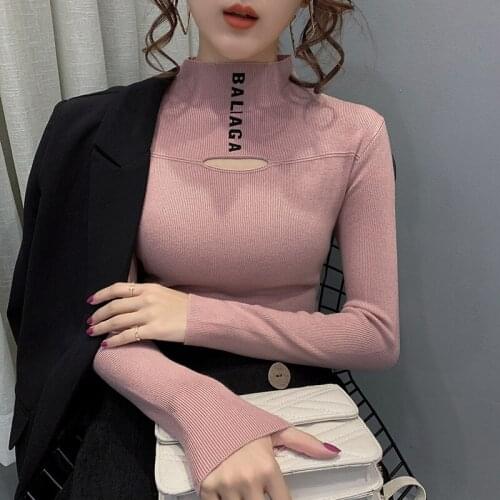Vintage Sweater Women Hollow Out Sexy Half Turtleneck Sweaters Long Sleeve Winter Office Lady Brim Slim Tight Character Knitted