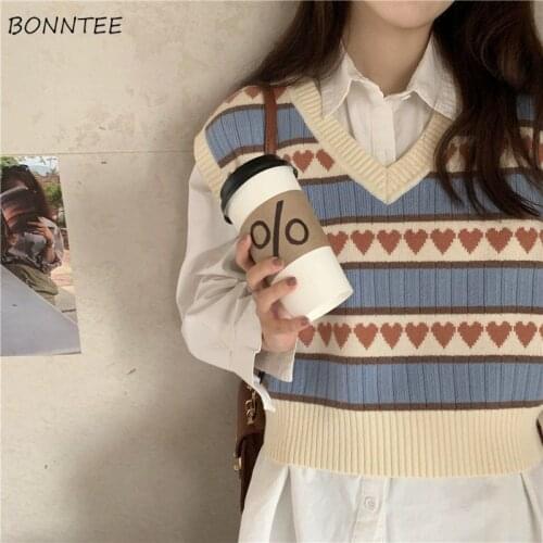 Cropped Vest Women Sweet Student All-match Hot Sale V-Neck Patchwork Sleeveless Loose-fitting Knitting Femme Sweater Ulzzang New