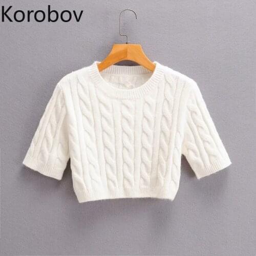 Korobov Korean Women Sweaters Vintage Short Sleeve Crop Jumper Femme Autumn Streetwear Sueter Mujer Knitwear White Tops