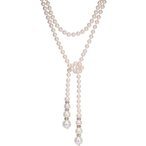 Collare Simulated Pearl Long Necklace Women Crystal Simulated Pearl Bead Sweater Chain Necklace Wholesale Wedding Gift N034