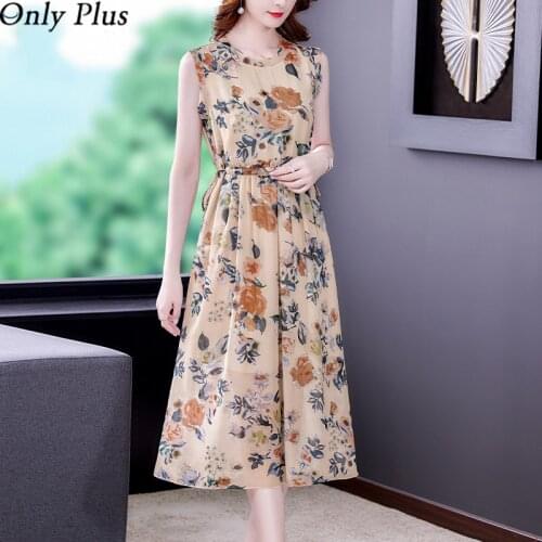 Sleeveless Floral Silk Dress Womens Summer Dress 2021 New Elegant Temperament Waist Printed Skirt Beach Style Belt Elastic Wais