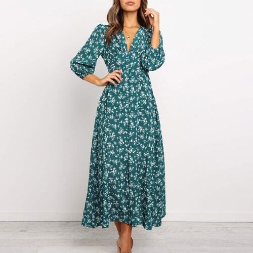 Women Chiffon Long Dress Floral Print V-Neck Lantern Sleeve A-line Maxi Dress Spring Autumn Elegant Vintage High Waist Dresses
