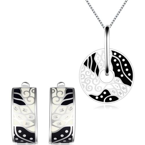 100% Authentic 925 Sterling Silver Black White Painting Earrings for Women Geometric Pendant Necklace Party Jewelry Enamel Sets