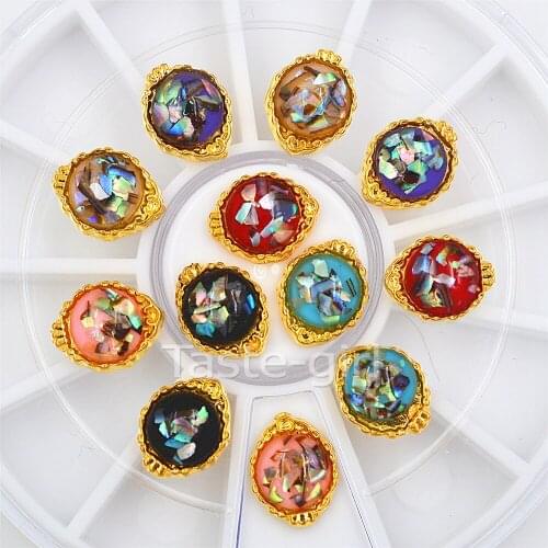 12 pcs metal Golden edge Glitter round shell rhinestones 3D Nail Decoration Manicure Wheel nails jewelry accessoires tools