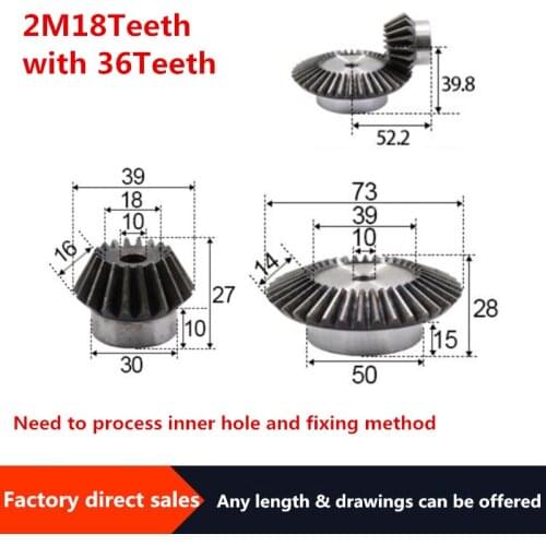 2pcs 1:2 Bevel Gear 2 Modulus 18Teeth +36teeth Inner Hole 10mm 90 Degree Drive Commutation Steel Gears Steel Gears Screw M5