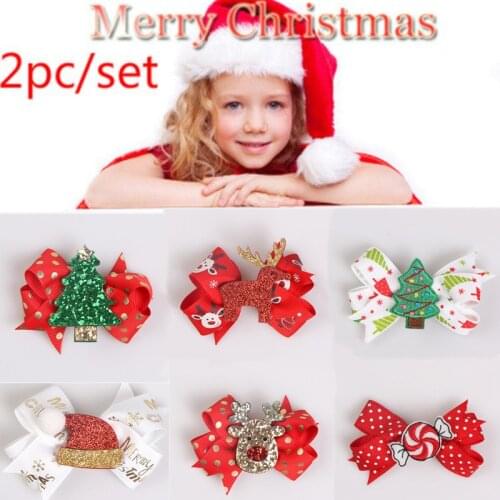 2Pcs/Set Christmas Series Hair Pin Cute Glitter Bowknot Hairpin Elk Snowman Hair Clips Kids Hair Accessories