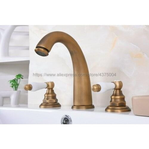 Antique Brass Bathroom Sink Faucet Widespread 3pcs Ceramics Handles Basin 3 Holes Mixer Tap Nan078