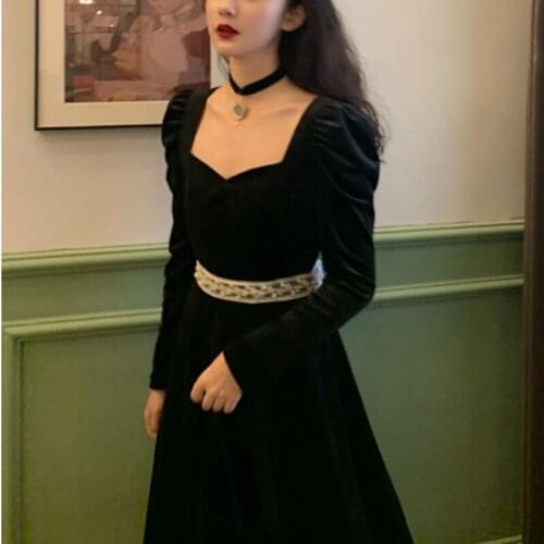 Black Velvet Midi dress women 2021 Autumn French Vintage Evening party dress female Retro long sleeve one piece dress korea Chic