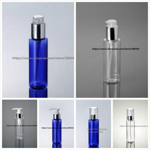 100ml BLUE/TANSPARENT plastic PET bottle with shiny silver pump for lotion/emulsion/shampoo/foundation cosmetic packing