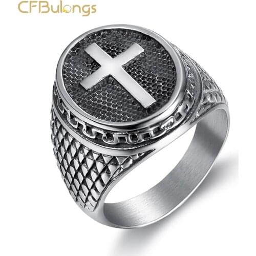 CFBulongs Retro Hip Hop Christian Holy Cross Ring High Quality Stainless Steel Jewelry Catholic Bible Scripture Finger Ring