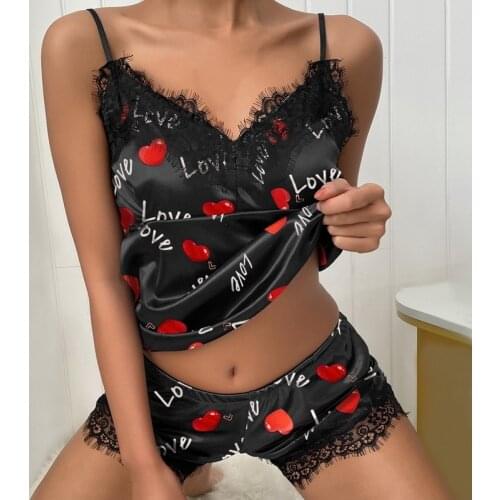 2Pcs Fashion Women V-Neck Stretch Satin Babydoll Lace Sexy Lingerie Bowknot Pyjamas Sleep Shorts Set Pijama Suit Sleepwear Women