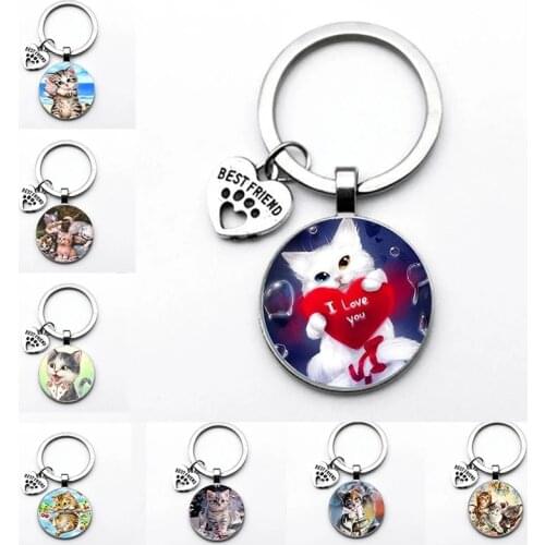 Fashion Cute Animal Cat Keychain Cat I Love Glass Pendant Mini Heart Fashion Jewelry Key Ring Car Key Man Girl Favorite Gift Sou