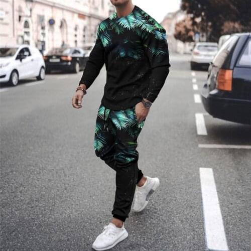 Mens sports suit T-shirt + trousers workout clothes 2-piece set 3D plant leaf solid color printing long-sleeved sportswear