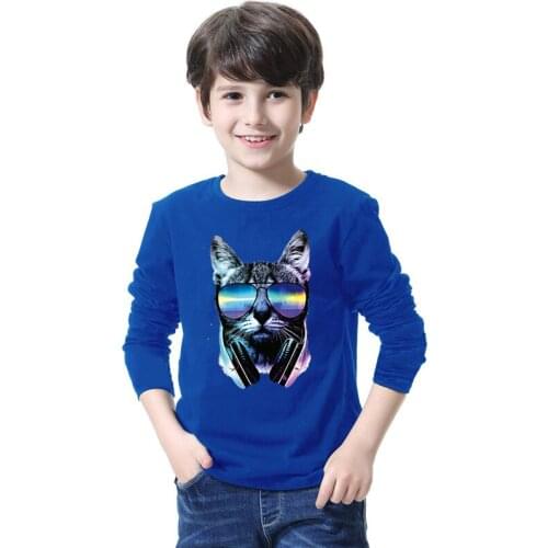Music DJ Cat T-Shirt Boys 2021 Spring 3D Printed Anime Cat Long Sleeve Kids T Shirt 100% Cotton Tshirt Brand Clothing Girls Tops