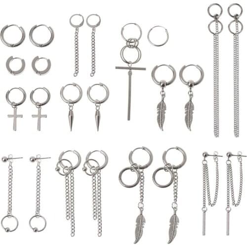 12 Pairs Titanium Steel Statement Kpop Korean Fashion Cross Feather Earrings Set Chain Dangle Hoop Earrings Kit Unisex