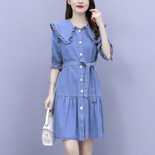 New Summer Style Women Dresses Casual Solid Turn-Down Collar Beading Sashes Slim Single Button Jeans For Females Denim One-Piece