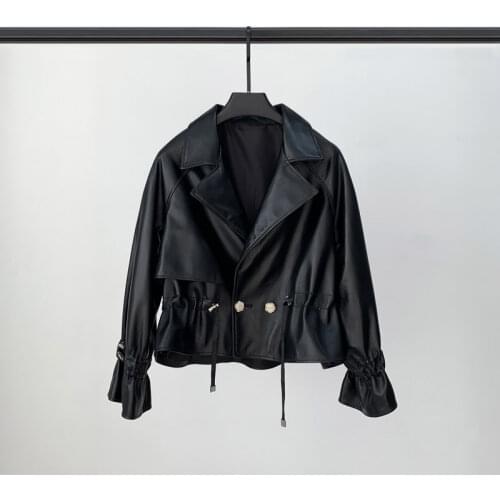 Spring 2021 New Leather Jacket Womens Short Flared Sleeve Leather Jacket Sheep Leather Waist Jacket Collar