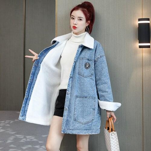 New Plus Size Sherpa Winter Thicken Cotton Padded Coats Casual Loose Solid Velvet Warm Pockets MD-Long Jeans Overcoat For Women