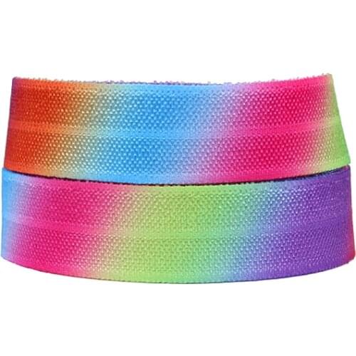 Wholesale 50 yards/roll rainbow color gradient foe elastic ribbon, 5/8" rainbow ombre fold over elastic webbing for gift wrapped