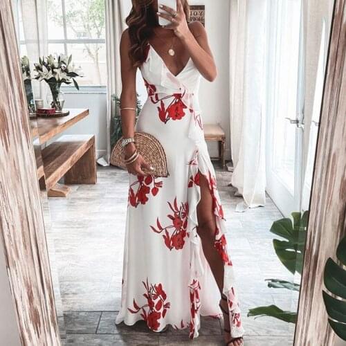 Summer Women Sleeveless Fashion Casual Beach Wear White Deep V Neck Long Dress High Slit Floral Print Ruffles Maxi Dress