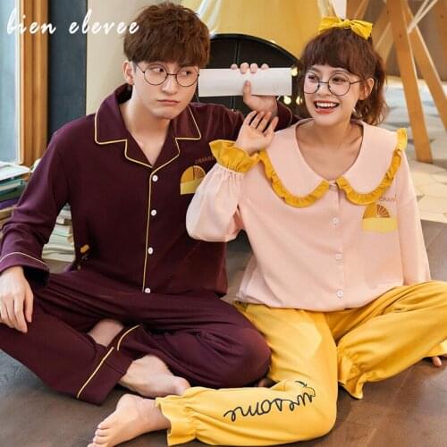 Cartoon Print Couple Pajamas Set Fashion Lover Sleepwear Suits Autumn Cotton Women & Men Pyjamas Long Sleeve Home Clothe Lounge