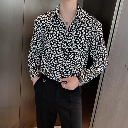 Fashion Leopard Print Men Shirts Long Sleeve Casual Loose Dress Shirt Streetwear Social Party Blouse Men Clothing Chemise Homme