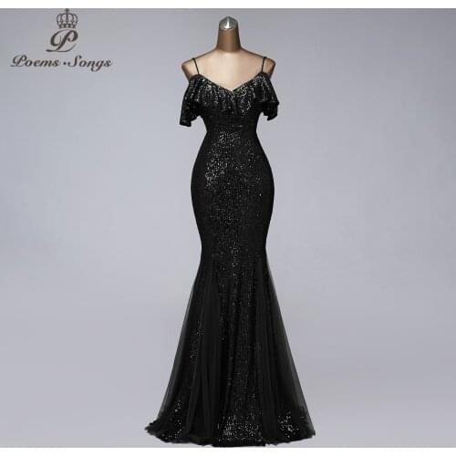 Sexy suspender style evening dresses formal dress women elegant black dress mermaid prom dresses shiny vestidos de noche