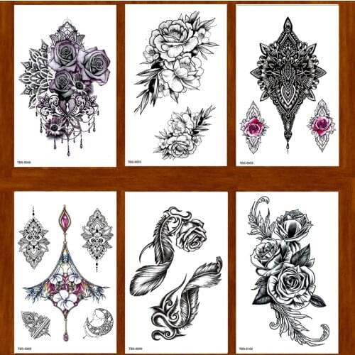Six Styles Lotus Flower Feather Temporary Tattoo Stickers Tatoo Men henna Tatoo body art tattoo Waterproof temporary tattoos