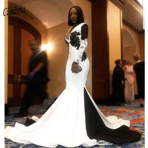 White and Black V-Neck Mermaid Evening Dress Long Sleeve Appliques Lace Backless Black Girls Formal Evening Party Dresses