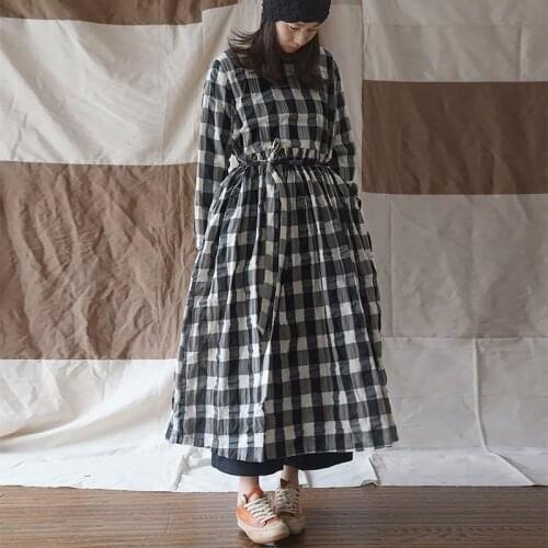SCUWLINEN 2020 Spring Autumn Women Dress Modi Classic Plaid Salt Shrinkage Empire Loose Maxi Long Cotton Dress P057