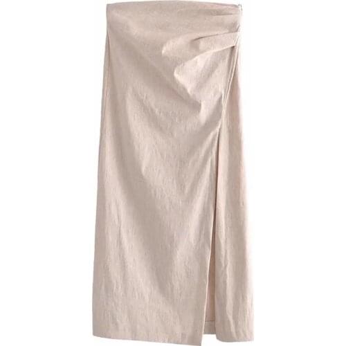 Za New Summer Vintage Solid Color Skirt Women High Waist Package Hip Pencilskirt Fold Effect Front Split Skirts