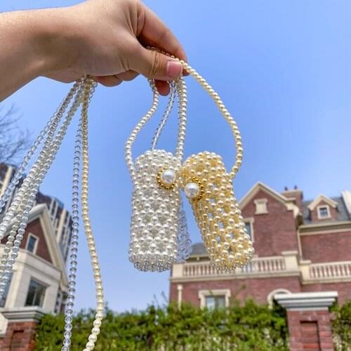 Handmade Beading Pearl Women Mini Shoulder Bag 3 Colors Transparent Party Lipstick Bag for Ladies
