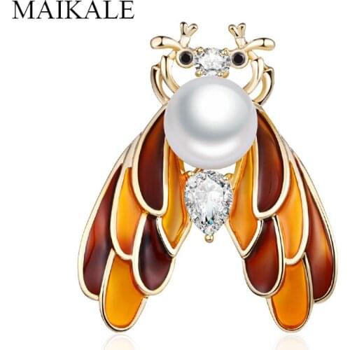 MAIKALE Vintage Pearl Insect Brooch Pins Cicada Zirconia Colorful Enamel Brooches for Women Suits Coat Sweater Accessories Gifts