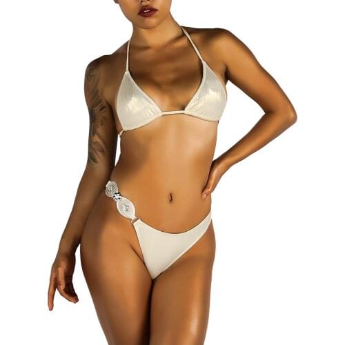 2pcs Women Swimsuits Bikini Set Push-Up Padded Top High Waist Crystal Diamond Sling Irregular Thong Swimwear Sexy Beachwear 2021
