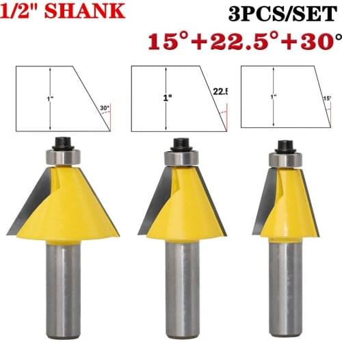 3pcs/set 1/2" Shank 15/22.5/30 Degree Chamfer/Bevel Edging Router Bit Set 12.7mm Shank Cutters For Wood High Quality