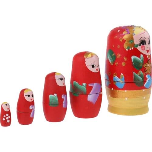 5 Pieces High Quality Wood Woman Printed Russian Nesting Dolls Babushka Matryoshka Gift Home Display Red