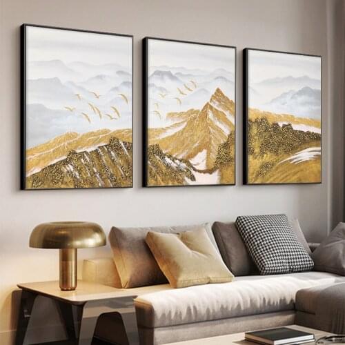 Abstract Golden Snow Mountain Bird Landscape Poster Wall Art Canvas Painting Print Picture For Living Room Modern Home Decor